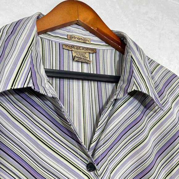 Y2K Notations XL Purple Striped Top Buttoned Asymmetrical Stretch Work‎ 3/4 90s - Picture 4 of 10